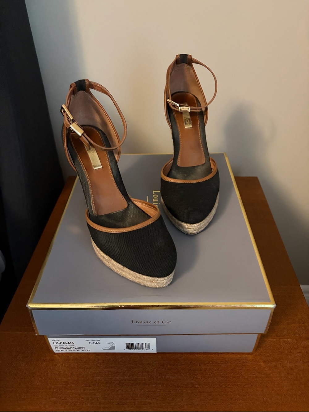 Louise et Cie Black and Brown Ankle-Strap Espadrille Wedges